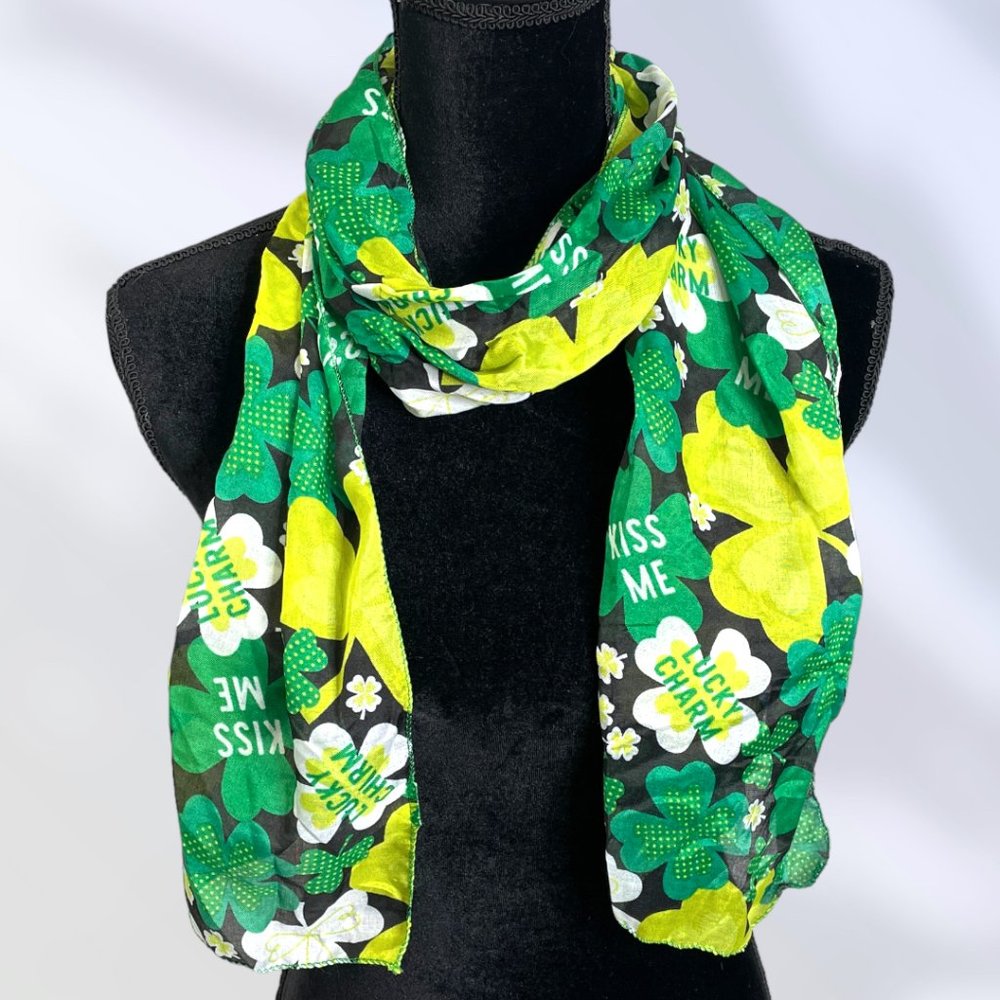 NEW St Patrick's Day Women's Beautiful Green Shamrock Silky Sheer Scarf 60"x11"